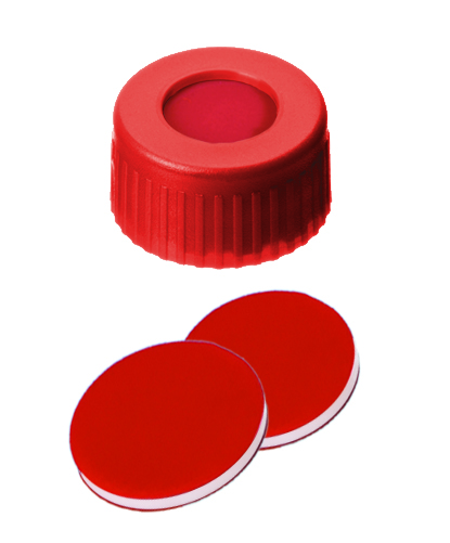Obrázek PP Short Thread Cap red, 6 mm centre hole, PTFE/Silicone slit septum