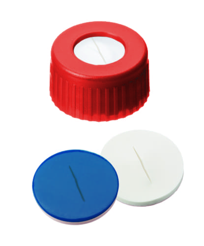 Obrázek PP Short Thread Cap red, 6.0 mm centre hole, Silicone/PTFE slit septum