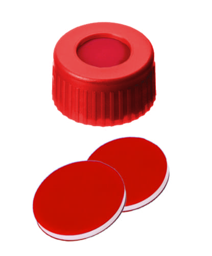 Obrázek PP Short Thread Cap red, 6 mm centre hole, PTFE/Silicone/PTFE slit septum
